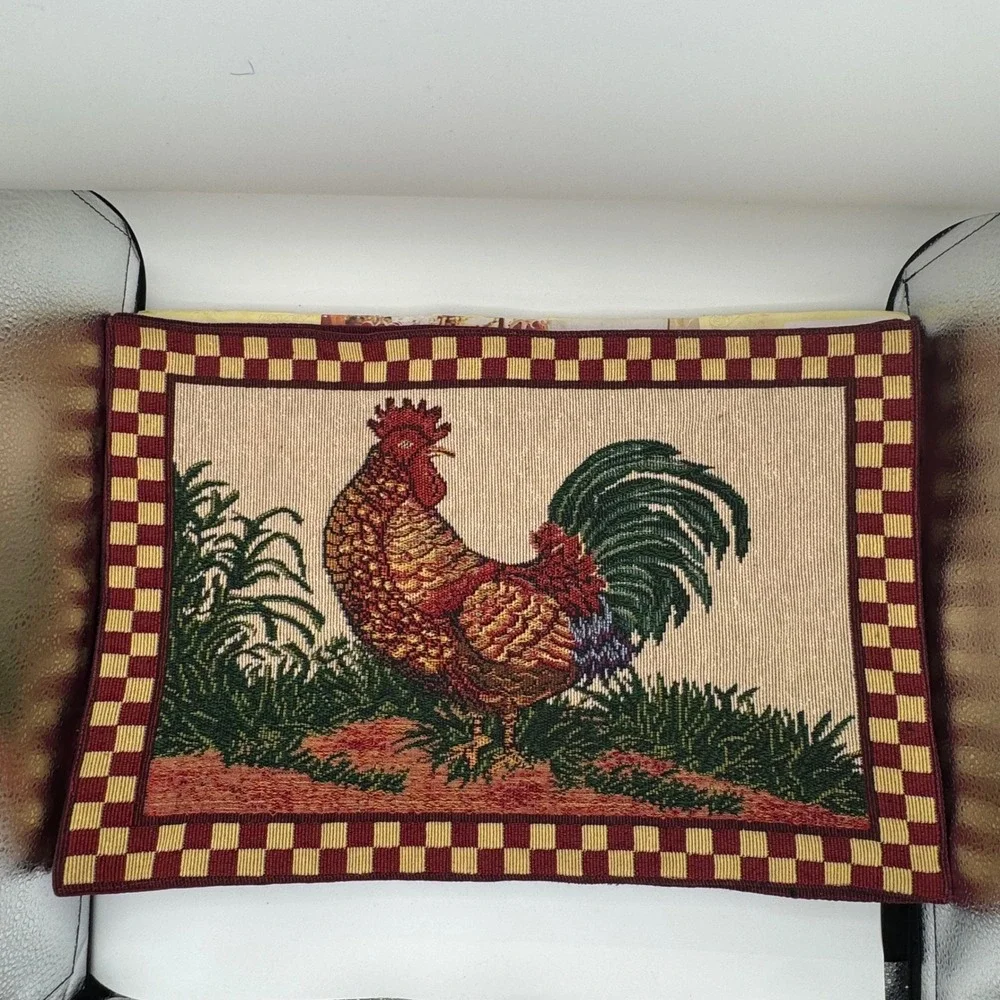 6-PP Home Collection Rooster Tapestry Placemat Farmhouse Checkered Border 13x19